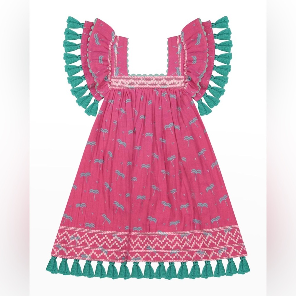 MER ST. BARTH Serena Tassel Embroidered Crepe Dress Girls Size 4 Fuchsia